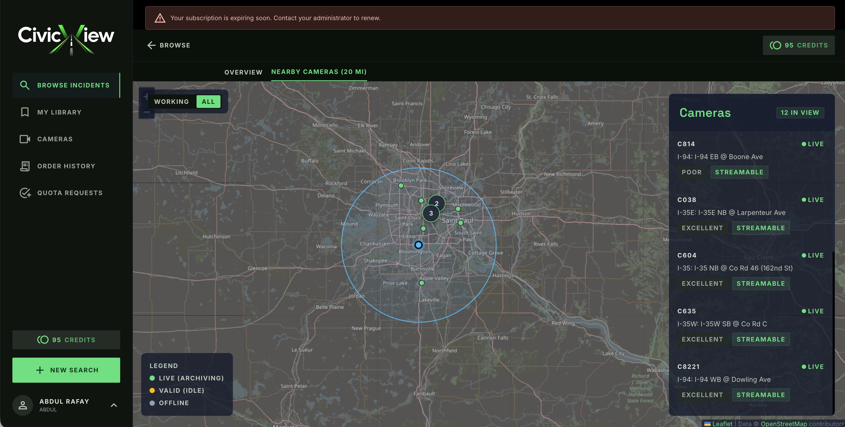 Search results with active cameras within 1.25 miles of the event